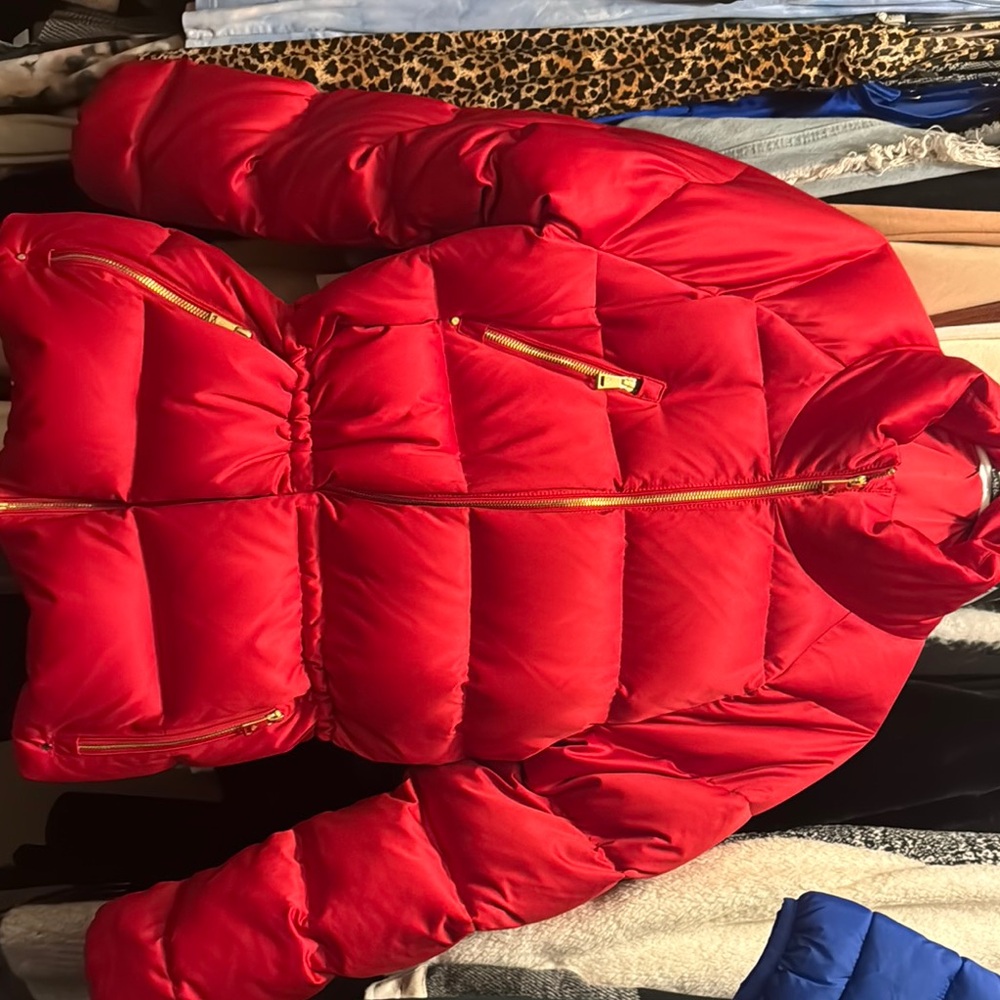 Red Puffer Jacket with Gold Zippers